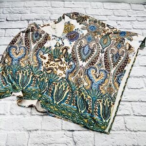 Chicos Womens L/XL Shirt Poncho Pullover Floral Print White Brown Boho Blouse